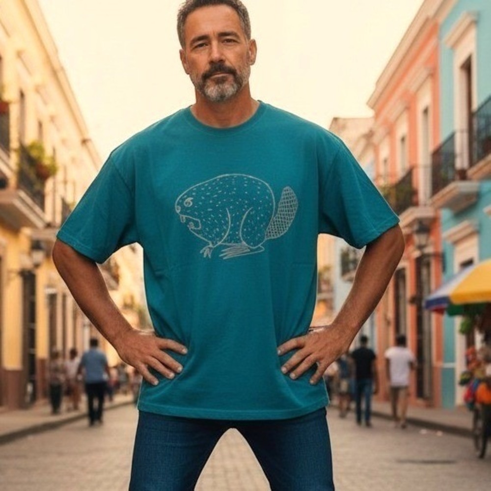 Duluth Trading Men's Small Relaxed Fit Longtail T Teal Beaver Graphic Shirt Aqua